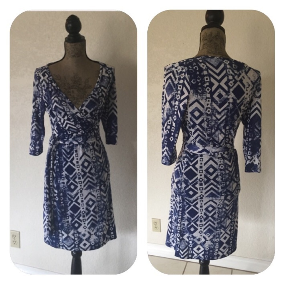 Blue Geometric Wrap Midi Dress - Women's
